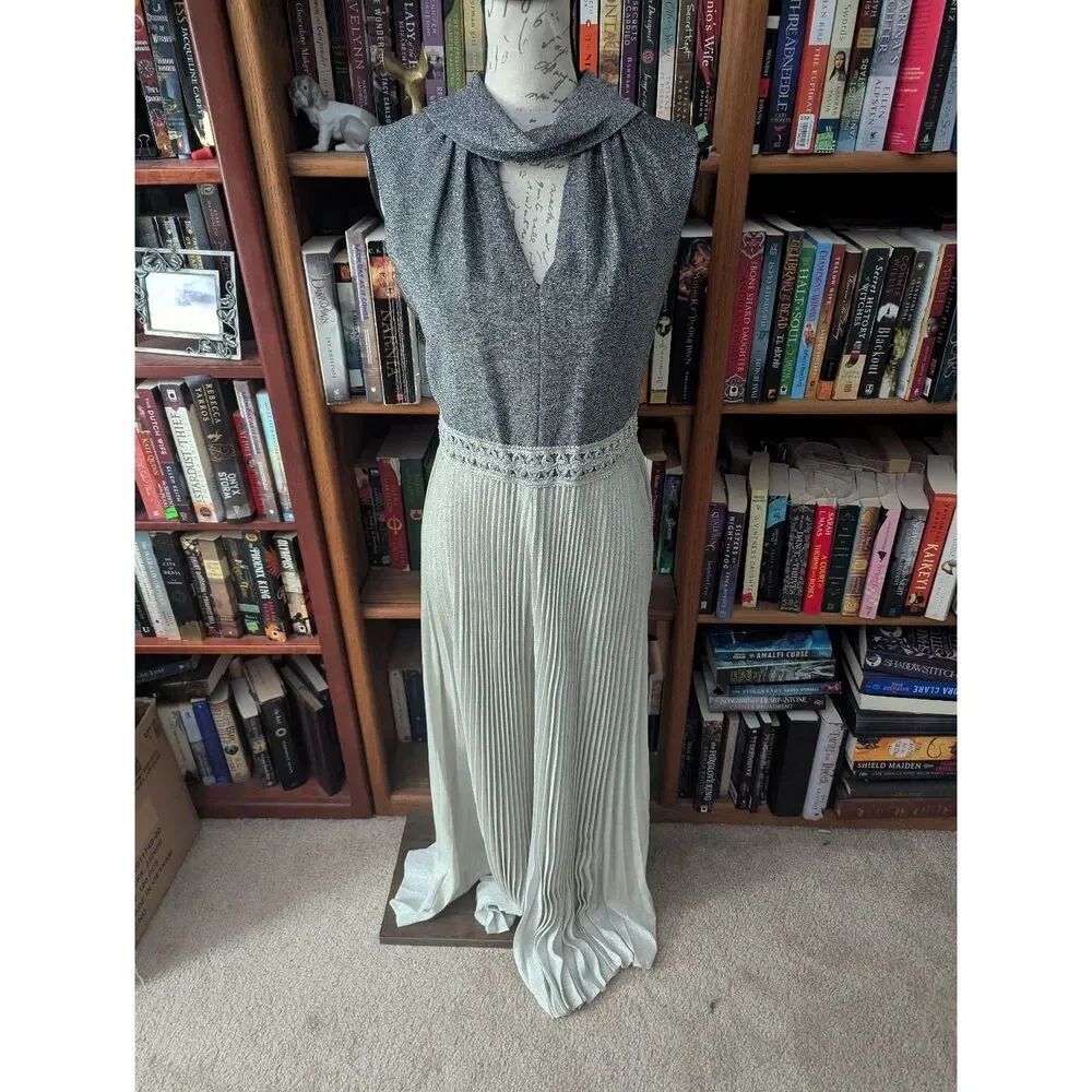Vintage 1970s Silver Metallic Palazzo Jumpsuit Wide Leg Disco Glam Party Size 14